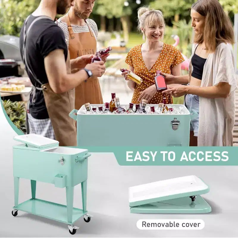 NAYSAYE 80 Quart Rolling Ice Chest Portable Bar Drink Cooler with Catch Basin, Bottom Storage Tray for Patio Party BBQ Beach, Green, 34.3*15.2*35.8