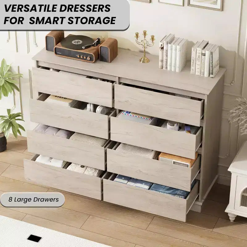 Modern Dresser for Bedroom with 8 Drawers, Wooden Storage Organizer Unit for ClosetWide Chest of Drawers