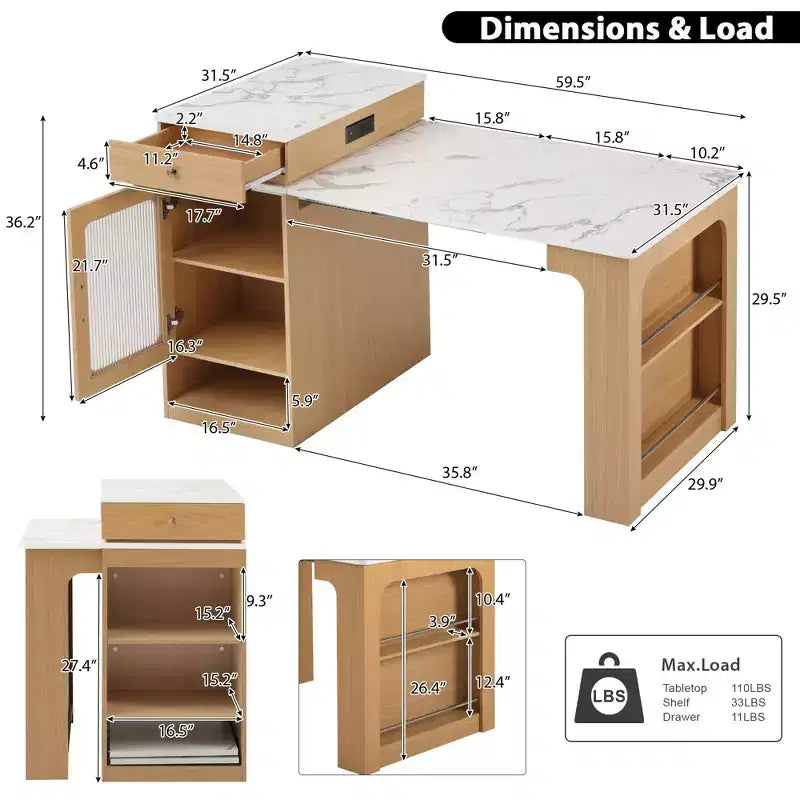 PexFix 59.5 Kitchen Island with Extendable Dining Table Kitchen Storage Table with Double-sided Storage with Power Outlet&Side Open Shelves Natural