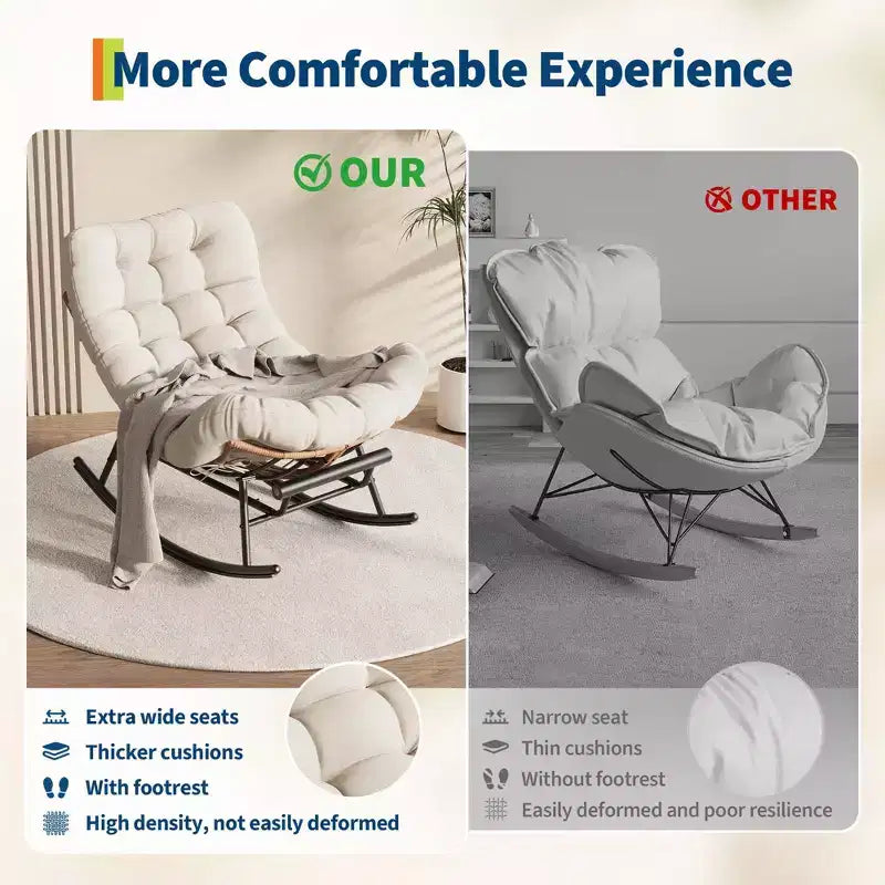 Oversized Rocking Chair with Footrest, Upholstered Lounge Chair with Metal Frame, Patio Reclining Chair for Patio Backyard Bedroom Garden