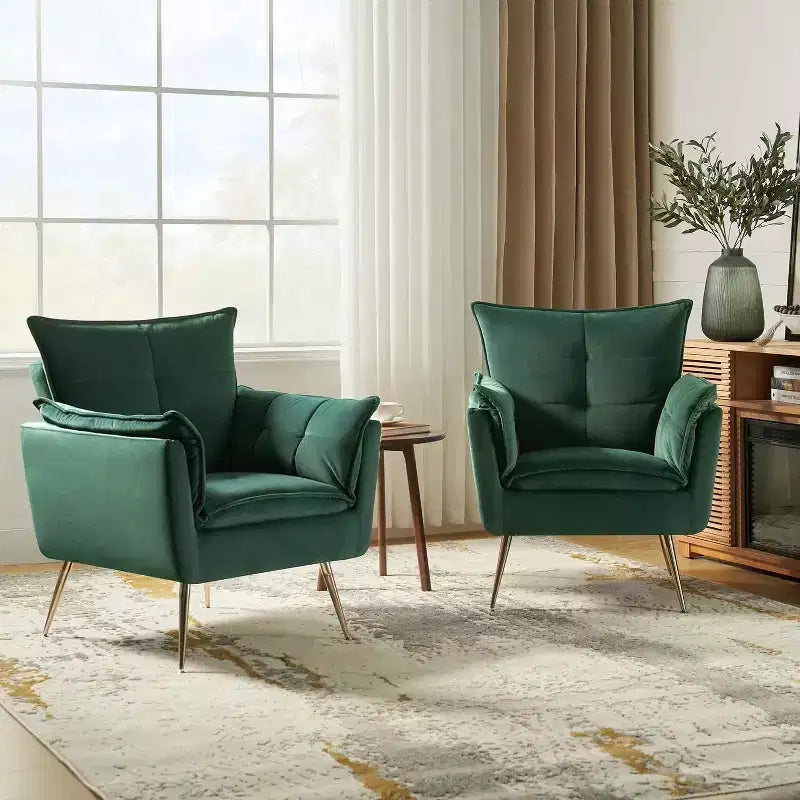 Set of 2 Jonat Contemporary Velvet Wooden Upholstered Armchair with Metal Legs for Bedroom and Living Room| ART OF LIVING DESIGNS