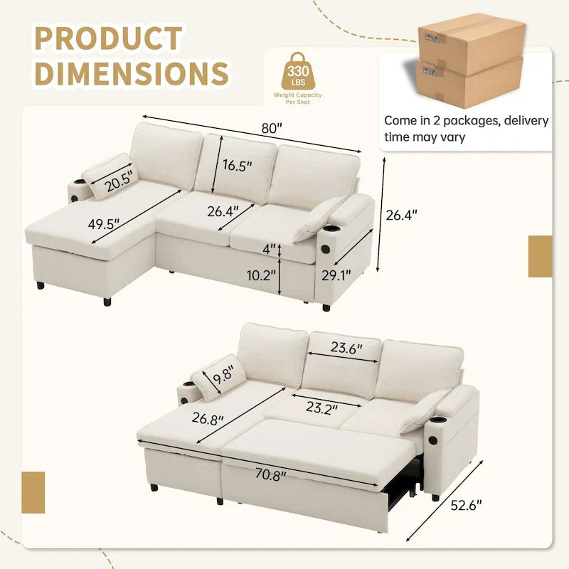 80 L-Shaped Sofa Couch Bed, Sofa Sleeper with Pull Out Bed, Reversible Sleeper Sofa Bed