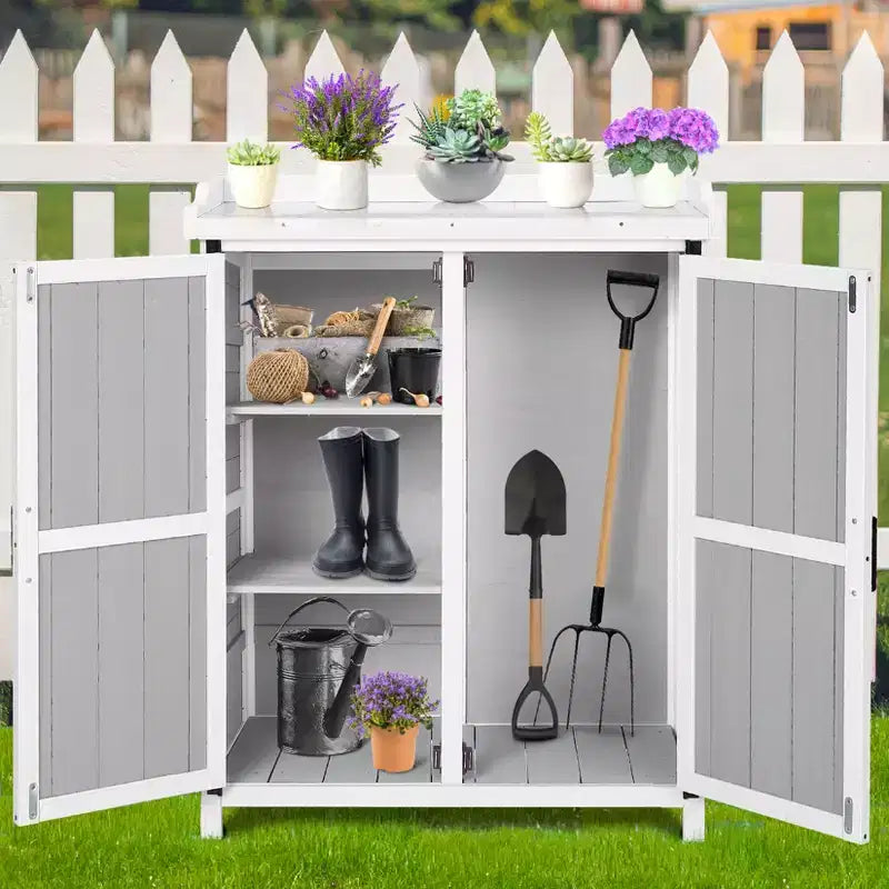 Waterproof storage cabinet, wooden garden workbench with 2 removable shelves, galvanized metal tabletop, suitable for indoor and outdoor use.