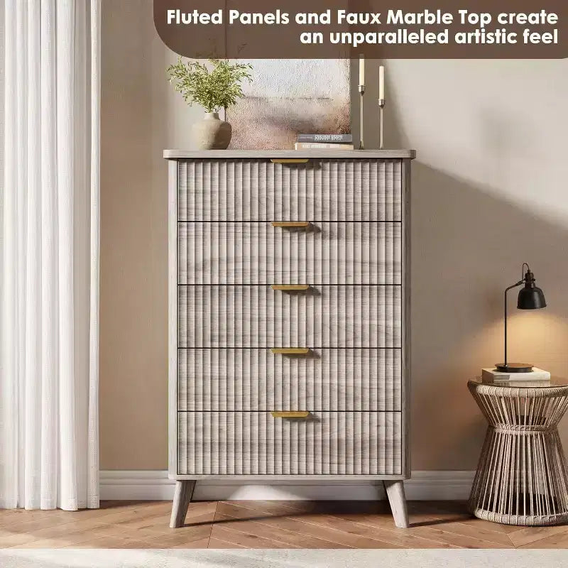 5-Drawer Fluted Dresser, 47.2-Inch Tall Chest of Drawers, Curved Design