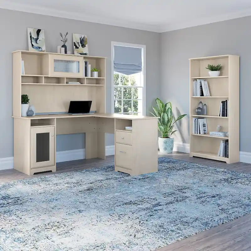 60" L-Shaped Computer Desk with Hutch, 5-Shelf Bookcase & File Drawer, 200 lb Desktop Capacity