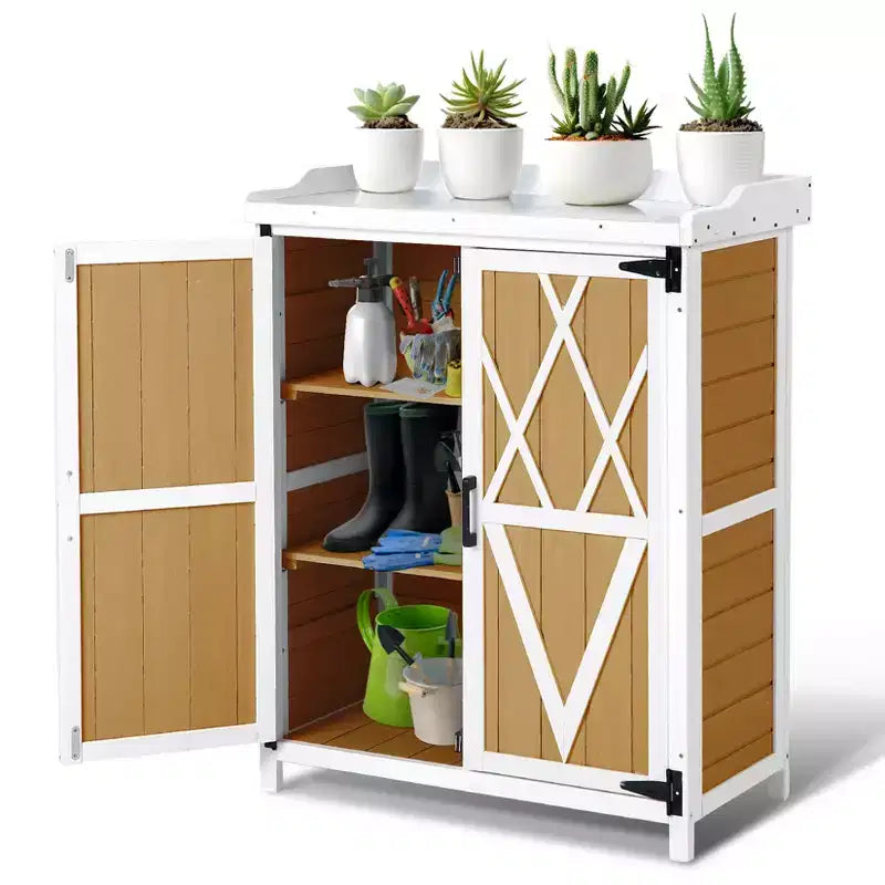 Waterproof storage cabinet, wooden garden workbench with 2 removable shelves, galvanized metal tabletop, suitable for indoor and outdoor use.
