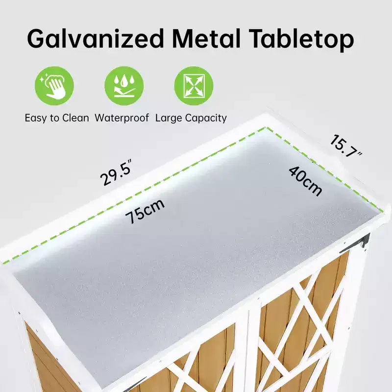 Waterproof storage cabinet, wooden garden workbench with 2 removable shelves, galvanized metal tabletop, suitable for indoor and outdoor use.