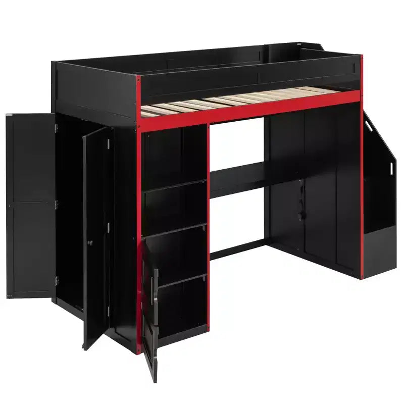GDFStudio Barnes Gaming Loft Bed with Desk and Storage, LED Lights
