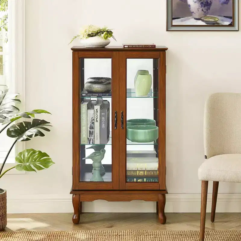 Okak Curio Cabinet with 2 Tempered Glass Doors, Diapaly Cabinet with 3 Adjustable Shelves and Mirrored Back Panel, Cabinet for Living Room