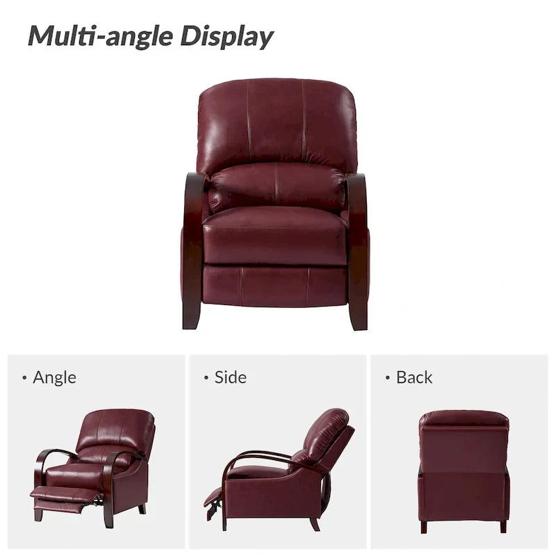 Alex Mid-century Modern Cigar Genuine Leather Manual Recliner with Wooden Curved Arms