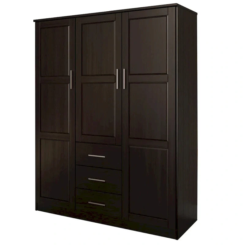 3-Door Solid Pine Wood Wardrobe Armoire, 72"H x 56"W, Mirrored or Panel Door, 3 Clothing Rods