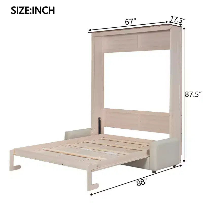 Queen Size Murphy Bed with Sofa and LED Lights – Beige