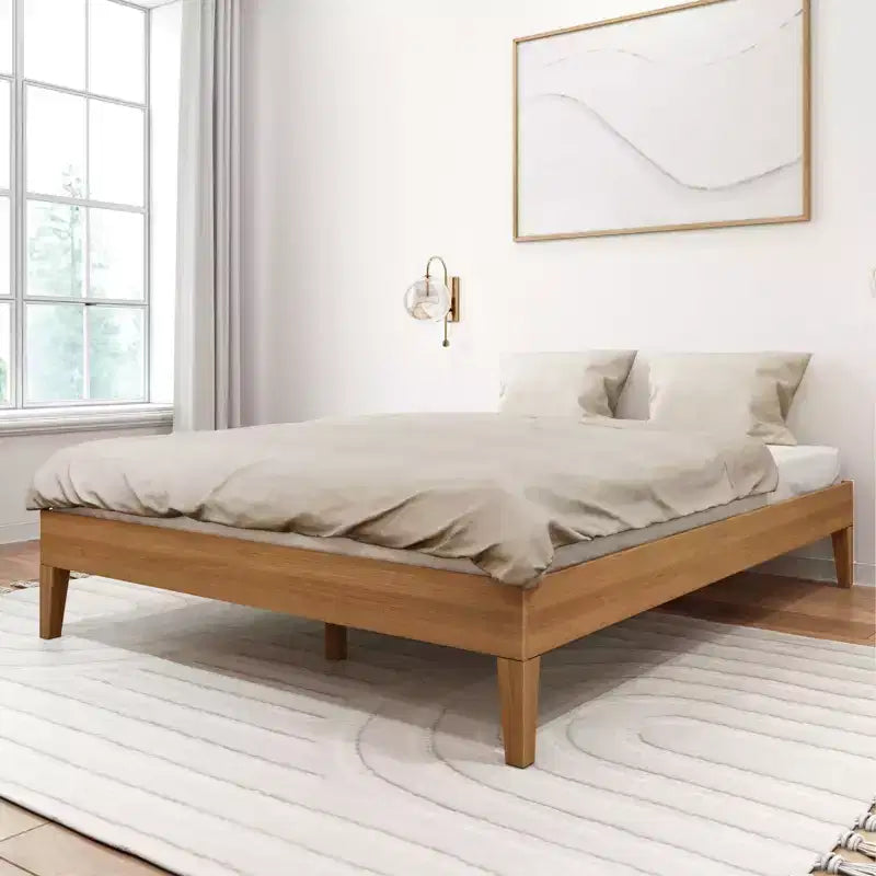 Solid Wood Queen Platform Bed Frame with Pine Slats, 14"H, 750 lb Capacity, No Box Spring Needed