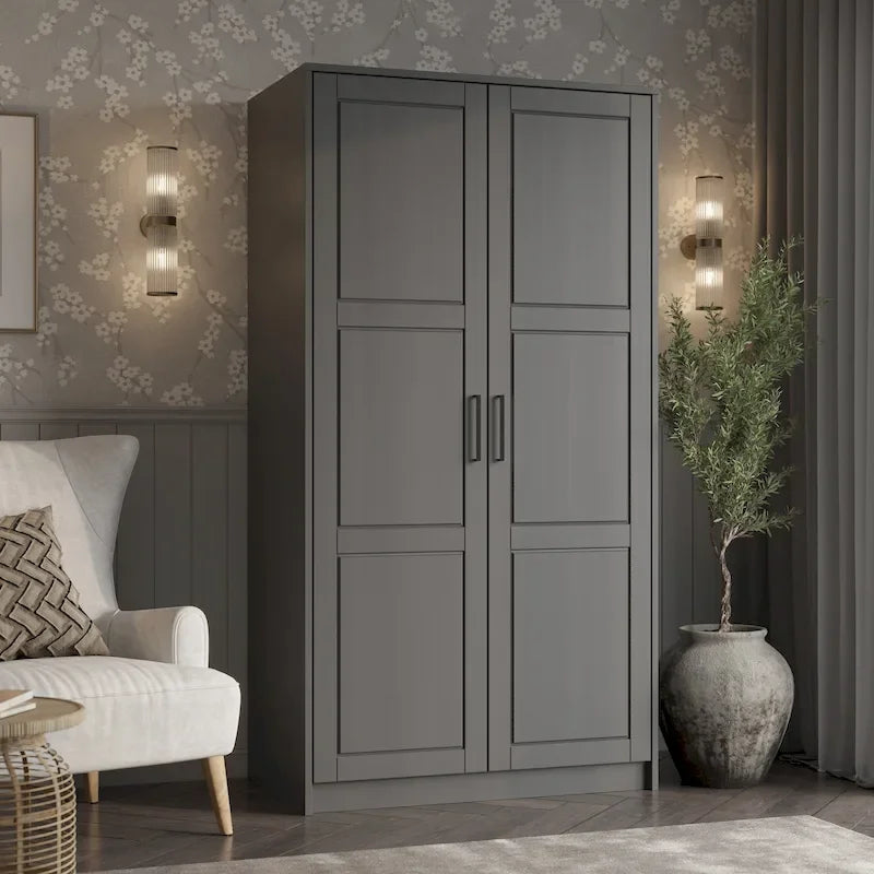 2-Door Solid Pine Wood Wardrobe Armoire with Clothing Rod & Adjustable Shelf – White / Black / Gray, Solid Wood or Mirrored Doors, Single