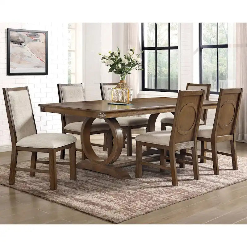 Rustic Oak & Beige 7-Piece Expandable Dining Table Set (Seats 6)