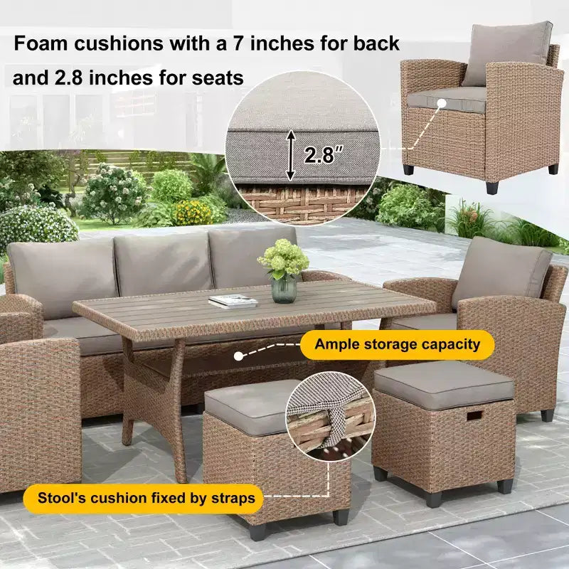 GDFStudio Gary Outdoor 6-Piece PE Rattan and Steel Upholstered Dining Sets