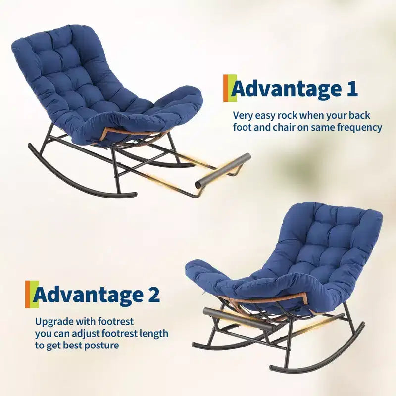Oversized Rocking Chair with Footrest, Upholstered Lounge Chair with Metal Frame, Patio Reclining Chair for Patio Backyard Bedroom Garden
