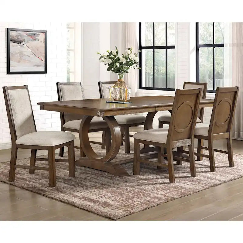 Rustic Oak & Beige 7-Piece Expandable Dining Table Set (Seats 6)