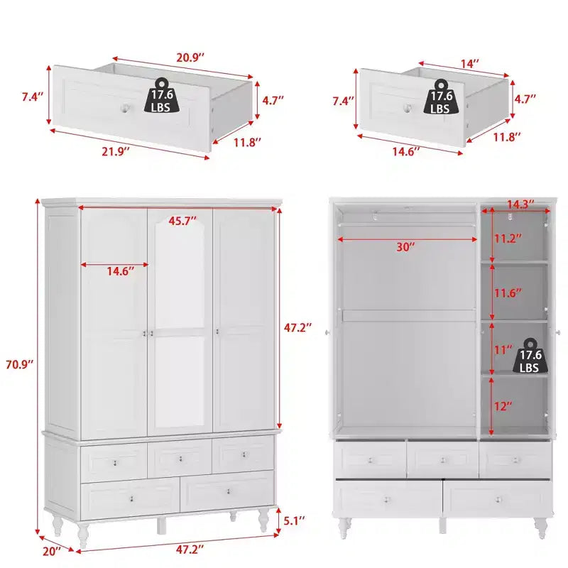 Wardrobe with Mirror 3 Doors 5 Drawers Classic Style