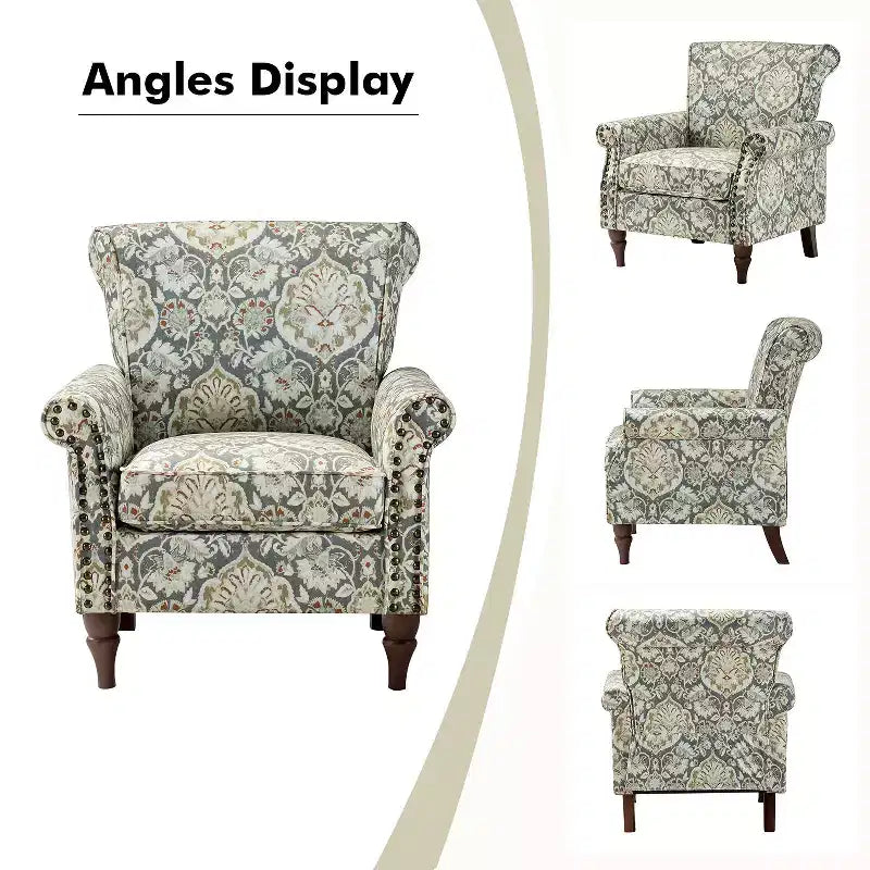 Traditional Wooden Upholstered Floral Armchair with Wingback and Nailhead Trim