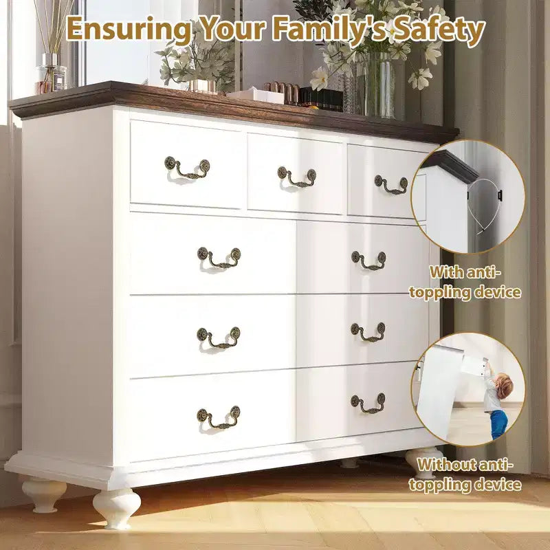 9 Drawers Dresser, Wood Rustic Chest of Drawers with Metal Handles, Storage Organizer for Bedroom, Living Room