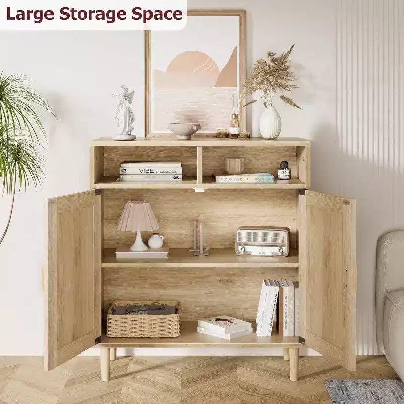 Rattan Sideboard Buffet Cabinets - 2-Door Storage with Shelf, Modern Dining Room, Coffee Bar Furniture, 36H
