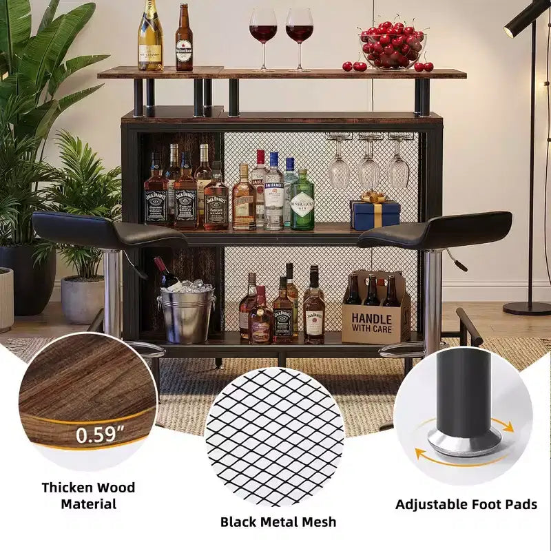 L-Shaped Corner Home Bar Cabinet with Wine Glass Racks and Footrest