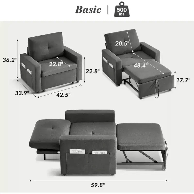 42.5" 3-in-1 Convertible Sleeper Chair Bed with Adjustable Backrest and Side Pockets