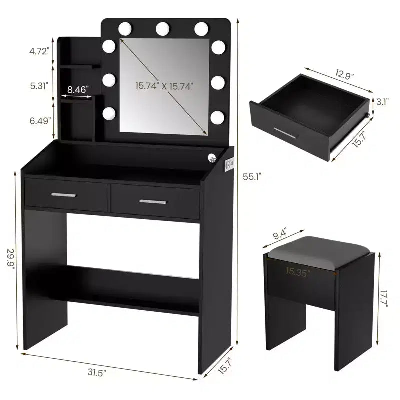 Vanity Desk with Mirror and Lights, Makeup Vanity with Power Outlet & Cushioned Stool, 3 Lighting Modes Adjustable Brightness, Dressing Table