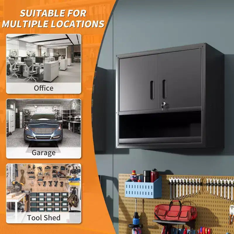 VIYET 30H Wall-Mounted Steel Cabinet - Locking Doors + Open Drawer + Adjustable Shelf, Cold-Rolled Steel, Garage/Office/Warehouse/Home/School
