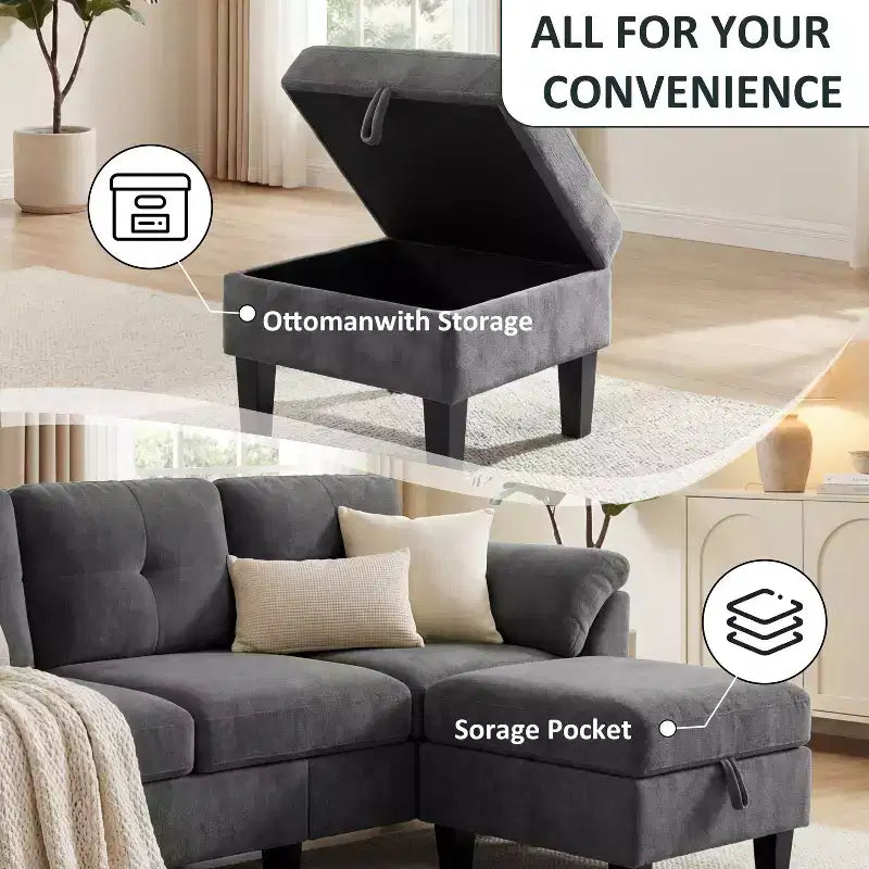 76.4-Inch Modern Three-Seater Sofa with Armrests and Pillows in Chenille Beige