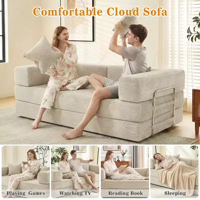 78-Inch Folding Sofa Bed Convertible Corduroy Couch, 4-in-1 Modular Floor Sleeper