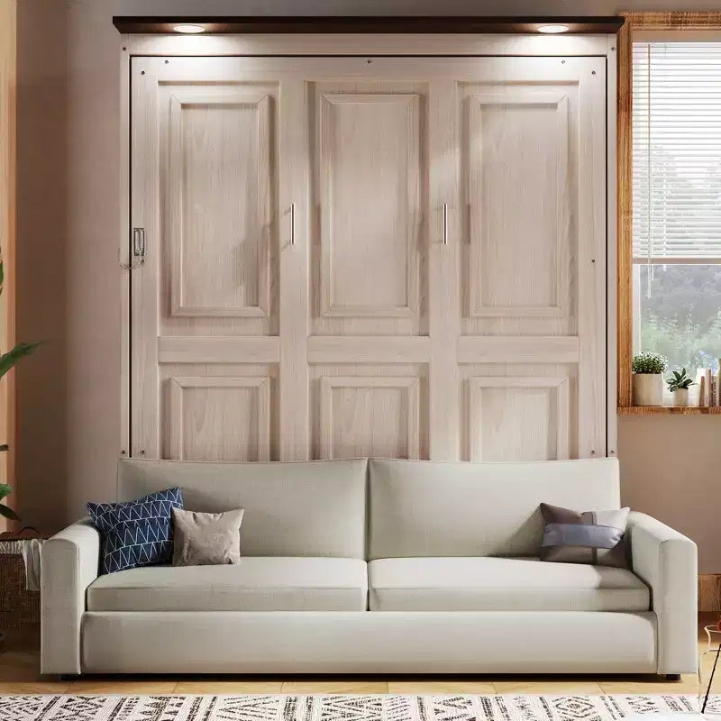 Queen Size Murphy Bed with Sofa and LED Lights – Beige
