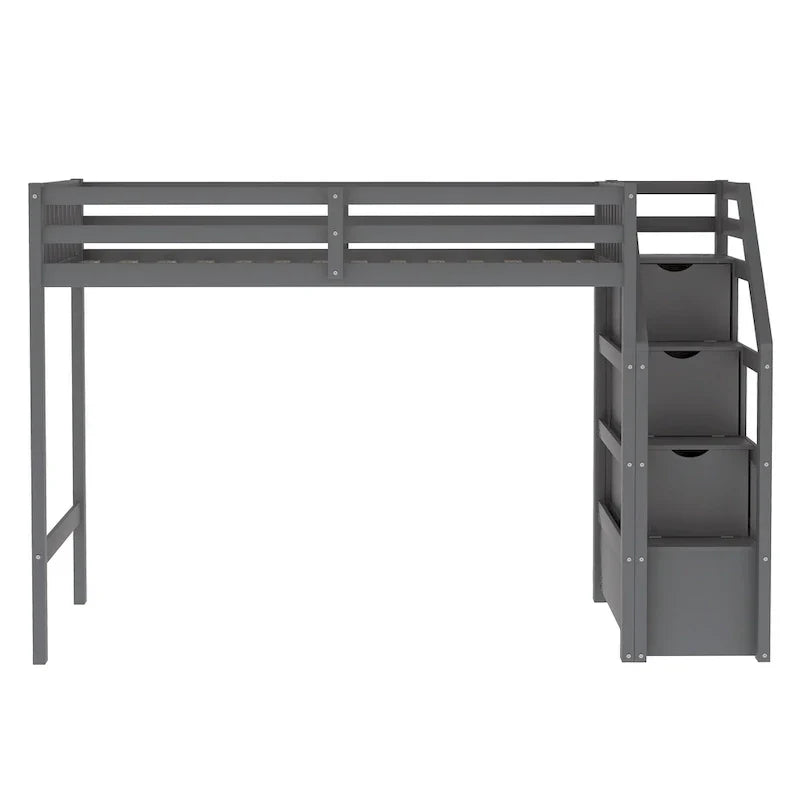 Twin Over Full Wood Loft Bed with Staircase,High Guardrails and Ladder