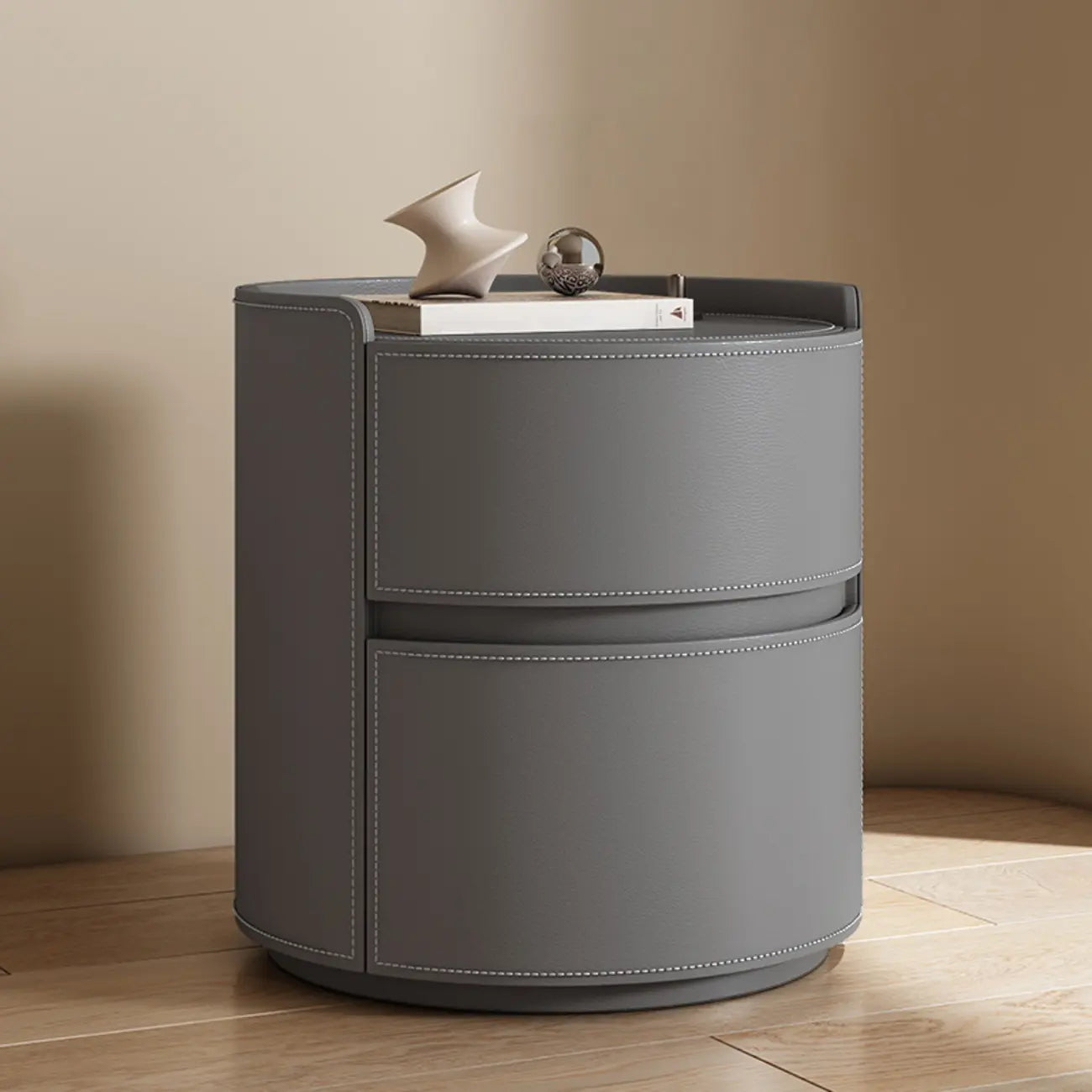 Modern Leather Tray Round 2-Drawer Nightstand