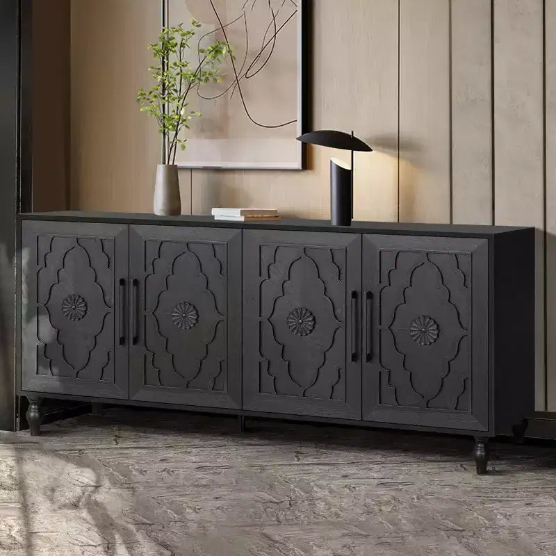 Large Storage Cabinet with Metal Handle, Carved Flower Doors, Wooden Mordern Sideboard Console with Adjustable Shelves