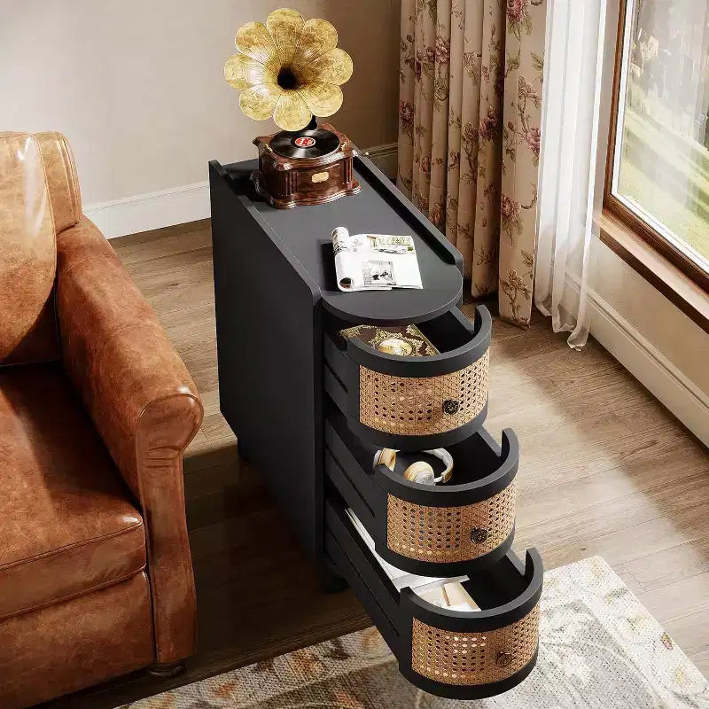 Lantine Solid Wood End Table with 3 Rattan Drawers and Exquisite Embossed Handles, No Assembly Required