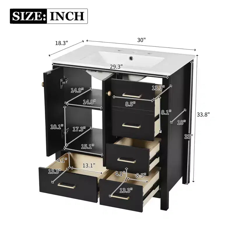 30-Inch Bathroom Vanity with Sink, Storage Drawers & Soft-Close Doors