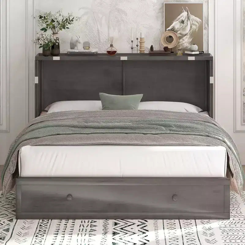 Murphy Bed Cabinet, Modern Murphy Bed Queen with Mattress, Built-in USB Charging Station & Drawers