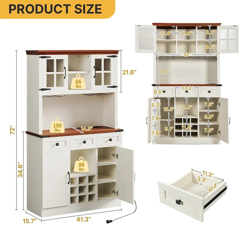 72" Kitchen Pantry Cabinet with Wine Rack, 3 Drawers & Charging Station
