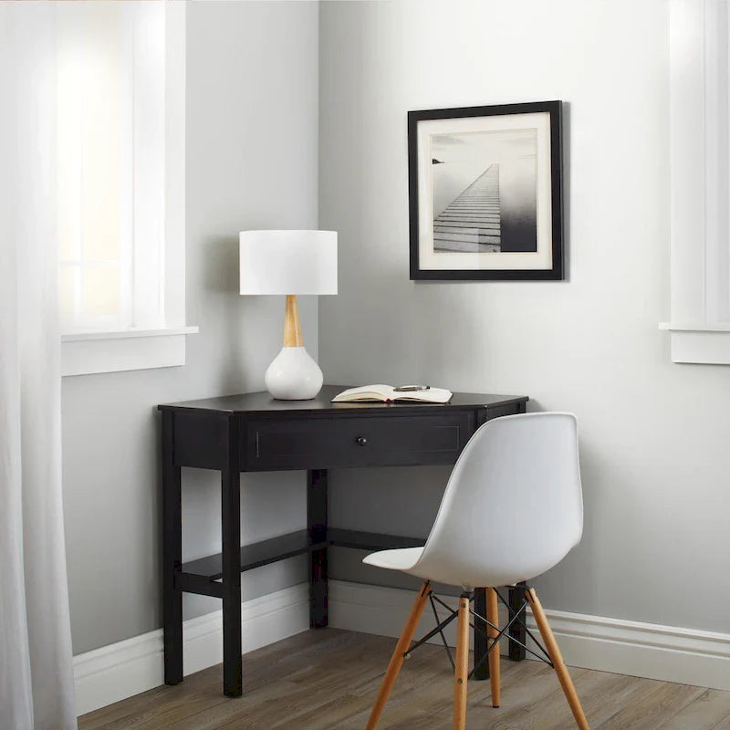 Corner Computer Desk with Drawer & Lower Shelf, Solid Wood & MDF, 42"W x 28"D x 30"H