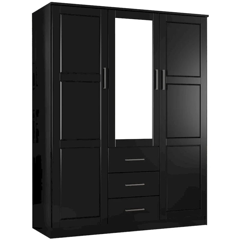 3-Door Solid Pine Wood Wardrobe Armoire, 72"H x 56"W, Mirrored or Panel Door, 3 Clothing Rods