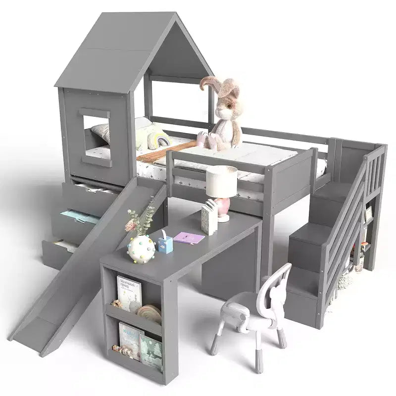 Twin Size Loft Bed with 3 Drawers & Storage Stair, Wooden House-style Bed Frame with Slide and Remevoable Desk