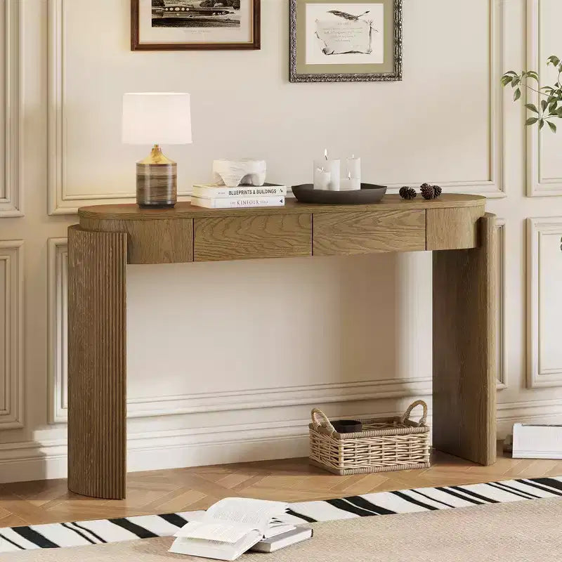 Oval-Top Console Table with Fluted Curved Legs & Dual Hidden Drawers