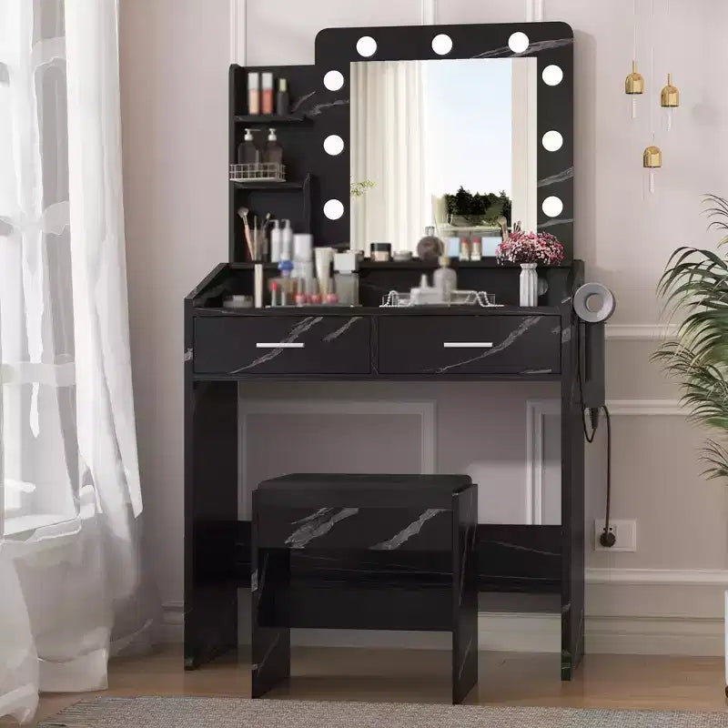 Vanity Desk with Mirror and Lights, Makeup Vanity with Power Outlet & Cushioned Stool, 3 Lighting Modes Adjustable Brightness, Dressing Table