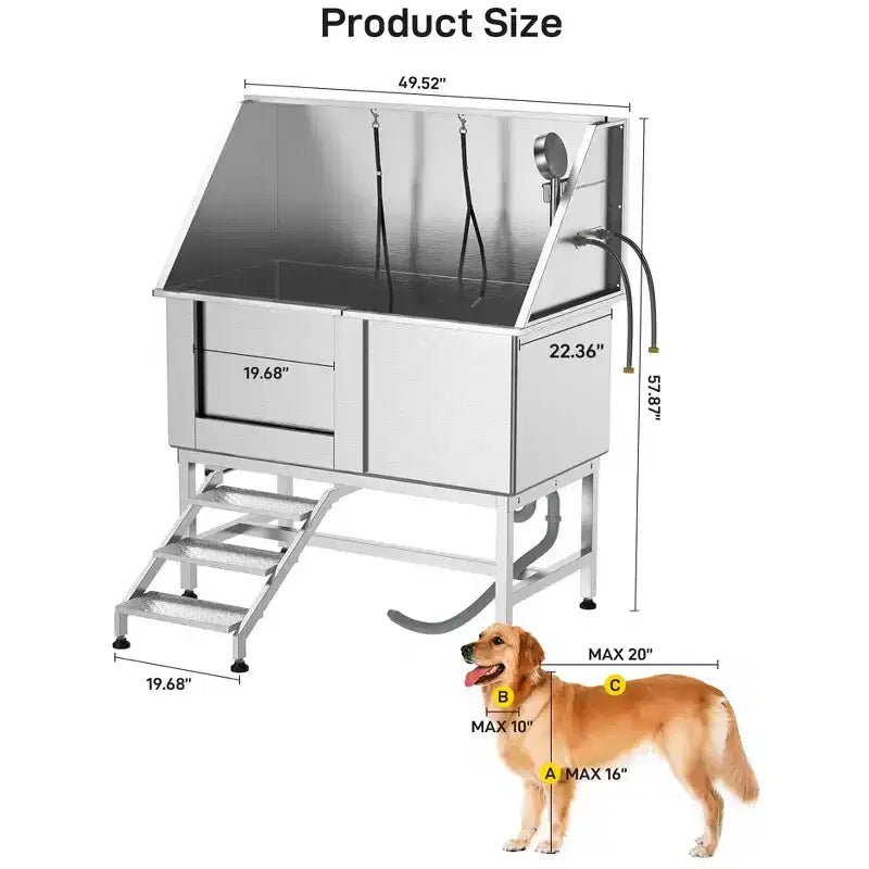 Dog Bath Tub, Dog Grooming Tub 50 Inch Professional Stainless Steel - with Stairs Floor Grate Faucet for Medium & Small Pets
