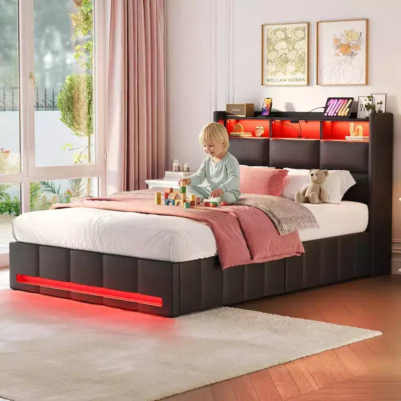 Greenstell Upholstered Lift Storage Bed with LED Lights & Charging Station, Modern Platform Bed, Heavy Duty Wooden Slats