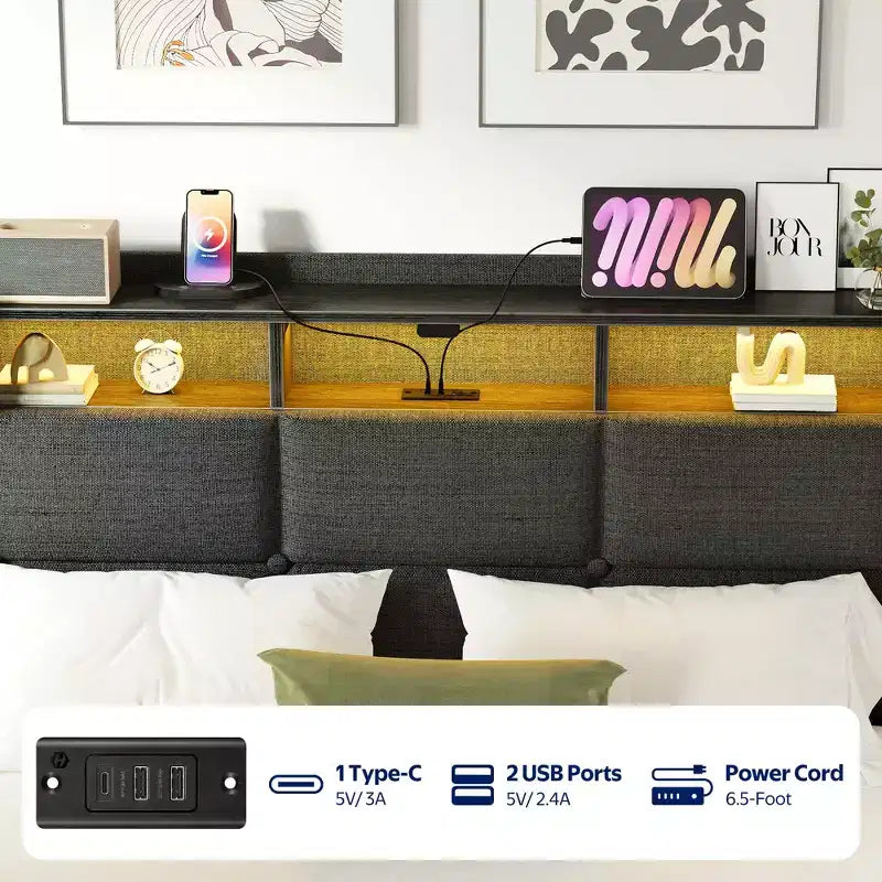 Greenstell Upholstered Lift Storage Bed with LED Lights & Charging Station, Modern Platform Bed, Heavy Duty Wooden Slats