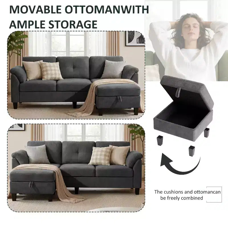 76.4-Inch Modern Three-Seater Sofa with Armrests and Pillows in Chenille Beige