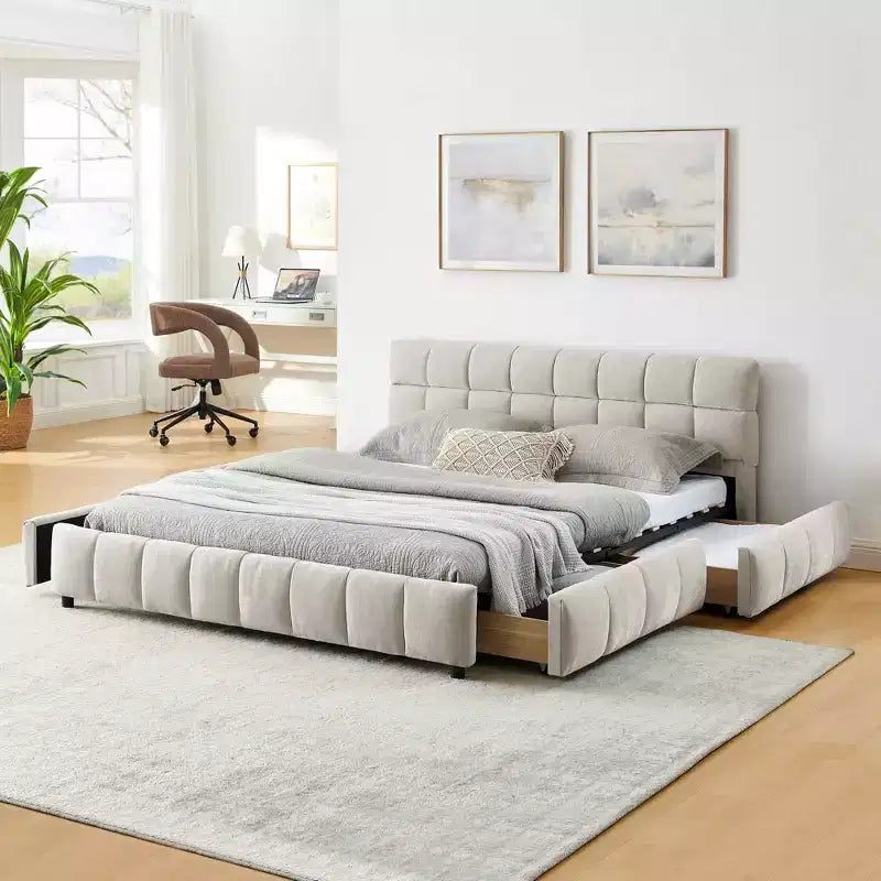 Queen Size Upholstered Bed with Headboard Chenille Fabric Solid Bed Frame Drawer for Bedroom, Beige